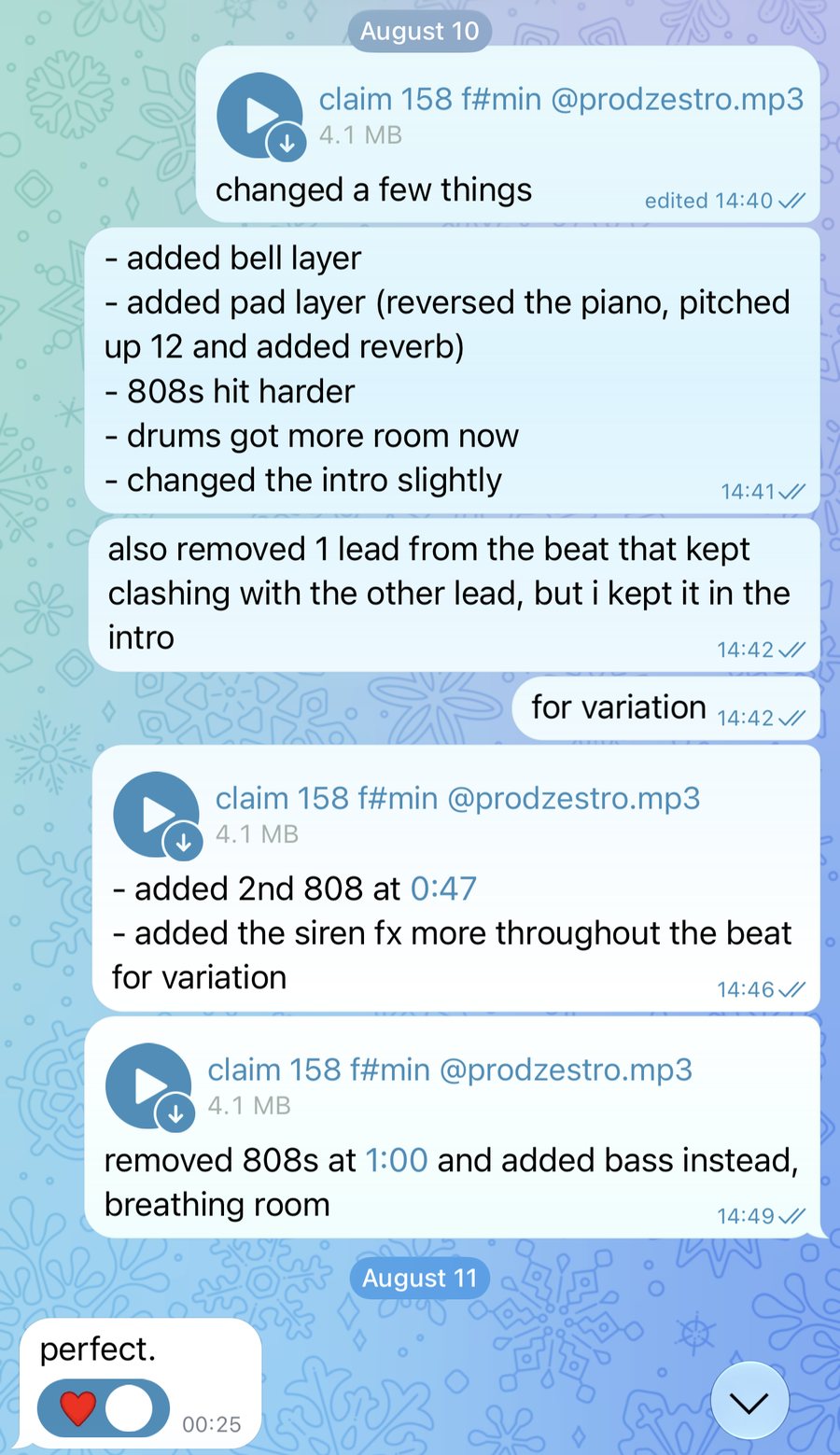 telegram chat where zestro sends 3 versions of a beat in a row, each with notes on what changed, and the artist replies perfect.